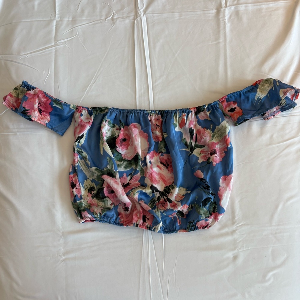 Floral Off-Shoulder Blouse - Blue and Pink - The Hanger
